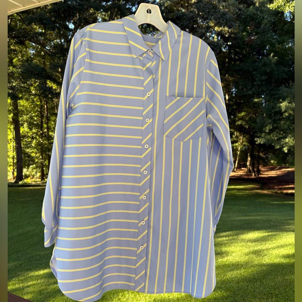 Chico's Blue and Yellow Striped Long Sleeve Button-Up Ladies Shirt Sz 2 (L/12)